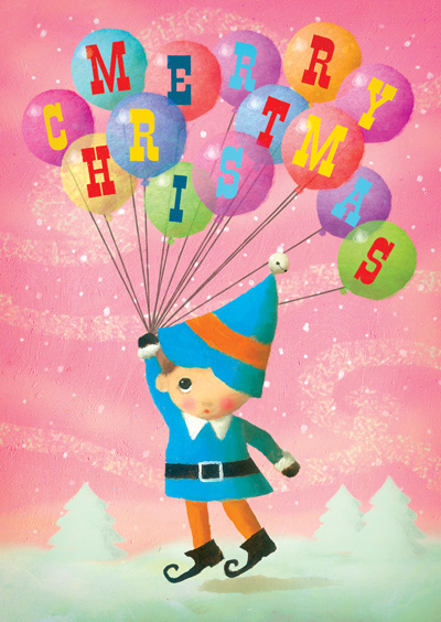 Elf Balloons Pack of 5 Christmas Cards by Stephen Mackey